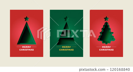 Set of Merry Christmas greeting card. Trendy minimalist geometric shape design with Christmas Tree. Paper art Vector Illustration. Template for poster, banner, holiday cover. Set of Merry Christmas greeting card. Trendy minimalist geometric shape design with Christmas Tree. Paper art Vector Illustration. Template for poster, banner, holiday cover. 120168840