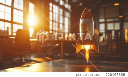 A rocket launching with vibrant flames in a well-lit workspace, showcasing innovation and creativity in technology development. 120168866