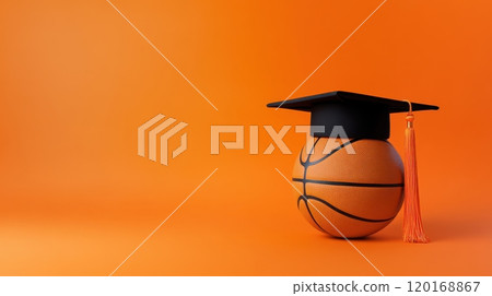 A basketball wearing a graduation cap, featuring a vibrant orange background. A symbol of achievement in sports and education. 120168867
