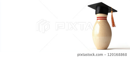 A bowling pin wears a graduation cap, symbolizing success and achievement in leisure activities. Perfect for celebrating accomplishments in sports and entertainment. 120168868