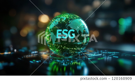 A glowing green globe with the acronym ESG prominently displayed, representing environmental, social, and governance considerations in a technological context. 120168909