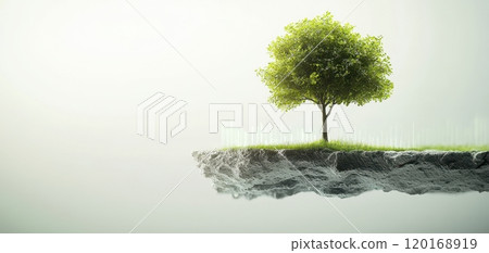 A solitary tree grows on a small island above a soft mist, symbolizing nature's resilience and beauty in an ethereal landscape. 120168919