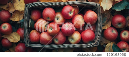 A basket filled with fresh red apples surrounded by autumn leaves, showcasing the beauty of seasonal harvest and the vibrant colors of nature's bounty. 120168968