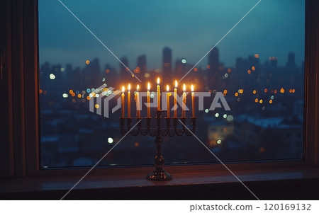A beautifully lit menorah with candles glowing in a dimly lit room, showcasing a blend of tradition and modernity against a city skyline backdrop. 120169132