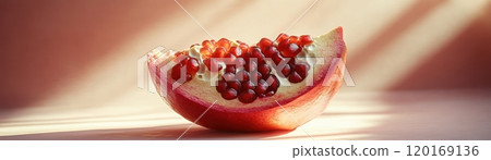 A close-up of a sliced pomegranate revealing vibrant red seeds, set against a soft, illuminated background. The natural light enhances the texture and color of the fruit. 120169136