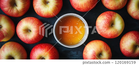 A top view of fresh red apples arranged around a small bowl of golden honey, creating a vibrant and delicious composition perfect for autumn recipes and healthy eating. 120169159