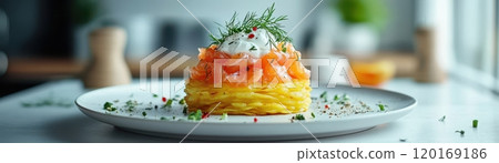 Latkes topped with smoked salmon, sour cream, and dill, arranged on a white plate Latkes topped with smoked salmon, sour cream, and dill, arranged on a white plate 120169186