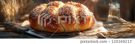 Freshly baked artisanal bread with a golden crust and sesame seeds on a rustic wooden table, highlighting its tempting texture and warm appearance. 120169217