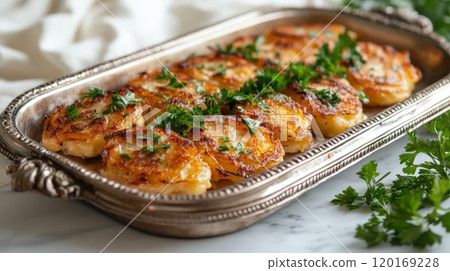 Latkes being served on a silver tray, garnished with parsley. Elegant presentation, white linen background. Traditional Hanukkah feel, soft lighting, vertical frame, copy space. 120169228