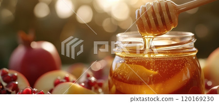 Golden honey dripping from a wooden dipper into a jar, surrounded by fresh apples and pomegranates, creating a warm and inviting atmosphere. 120169230