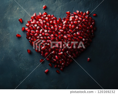 Heart-shaped arrangement of vibrant pomegranate seeds on a dark textured background, symbolizing love and health. 120169232