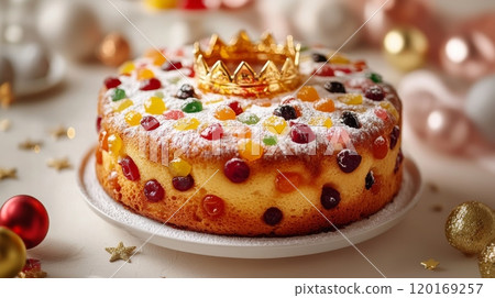 Rosca de Reyes cake topped with delicate golden crown and candied fruits. Three Kings Day, Epiphany 120169257