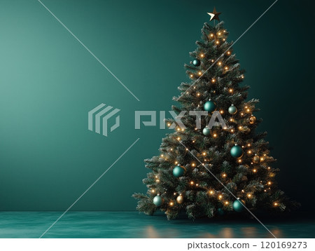 A beautifully decorated Christmas tree adorned with lights and ornaments against a teal wall, creating a festive atmosphere perfect for holiday celebrations. A beautifully decorated Christmas tree adorned with lights and ornaments against a teal wall, creating a festive atmosphere perfect for holiday celebrations. 120169273