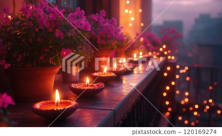 A beautifully illuminated balcony adorned with vibrant flowers and flickering candles, creating a serene and enchanting evening atmosphere. 120169274