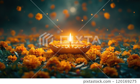 A beautifully lit diya surrounded by vibrant marigold flowers, symbolizing light and spirituality. The soft glow evokes a serene atmosphere, perfect for festive celebrations. 120169275