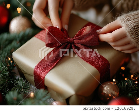 A close-up of hands tying a red ribbon on a beautifully wrapped gift, surrounded by festive decorations in a cozy holiday setting. A close-up of hands tying a red ribbon on a beautifully wrapped gift, surrounded by festive decorations in a cozy holiday setting. 120169295