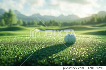 A close-up view of a golf ball resting on a lush green fairway, with soft sunlight enhancing the vibrant colors and tranquil atmosphere of the golf course. A close-up view of a golf ball resting on a lush green fairway, with soft sunlight enhancing the vibrant colors and tranquil atmosphere of the golf course. 120169296