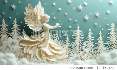 A delicate paper art scene depicting a graceful figure with wings, surrounded by intricate trees and stars, showcasing creativity and craftsmanship in a whimsical setting. A delicate paper art scene depicting a graceful figure with wings, surrounded by intricate trees and stars, showcasing creativity and craftsmanship in a whimsical setting. 120169328