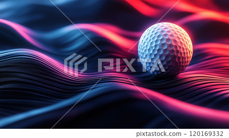A dynamic composition featuring a golf ball resting on vibrant, wavy patterns in red and blue, conveying motion and energy in a captivating visual experience. A dynamic composition featuring a golf ball resting on vibrant, wavy patterns in red and blue, conveying motion and energy in a captivating visual experience. 120169332