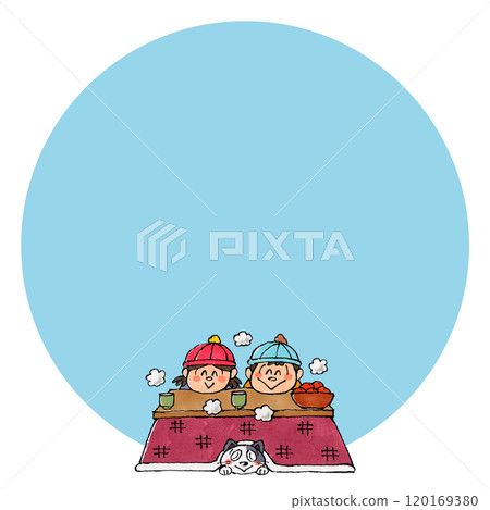 Children, cats and kotatsu copy space (blue) 120169380