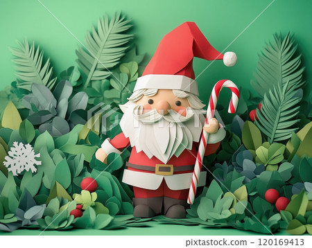 A whimsical Santa Claus figurine stands among lush green foliage, holding a candy cane, capturing the festive spirit of Christmas in a playful, colorful design. 120169413