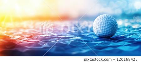 Close-up of a golf ball on a vibrant background, emphasizing the texture and dimples of the ball. Perfect for sports enthusiasts or golf-related content. 120169425