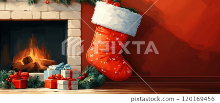 Festive red Christmas stocking hanging by a cozy fireplace, adorned with colorful gifts and festive decorations, evoking warmth and holiday spirit. 120169456