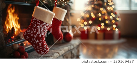 Festive scene with red Christmas stockings hanging by a cozy fireplace, decorated tree in the background, warm glowing lights creating a joyful holiday atmosphere. 120169457