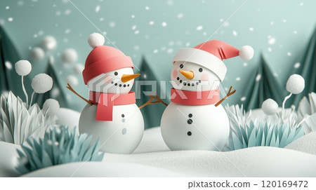 Two cheerful snowmen wearing red hats and scarves stand in a snowy landscape, surrounded by white trees and falling snowflakes, radiating a festive winter spirit. 120169472