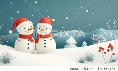 Two cheerful snowmen wearing Santa hats smile in a snowy landscape, surrounded by pine trees and softly falling snowflakes, creating a joyful winter scene. 120169474