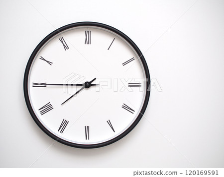Clock Showing 19.45 or 07.45 with Roman Numerals. Simple Round Clock for Concepts of Time Management and Scheduling. Clock Showing 19.45 or 07.45 with Roman Numerals. Simple Round Clock for Concepts of Time Management and Scheduling. 120169591