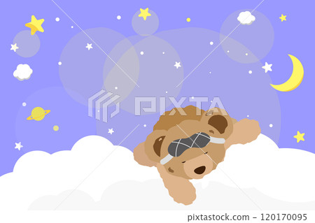 Background illustration of a teddy bear sleeping on a starry sky and clouds 2, blue, horizontal 120170095