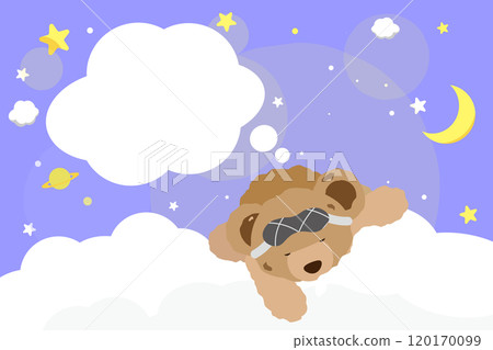 相框,插圖 2 一隻泰迪熊睡在星空和雲彩藍色水平上 相框,插圖 2 一隻泰迪熊睡在星空和雲彩藍色水平上 120170099