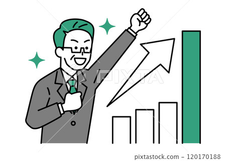 A middle-aged man in a suit is happy with a growing graph and a fist pump A middle-aged man in a suit is happy with a growing graph and a fist pump 120170188