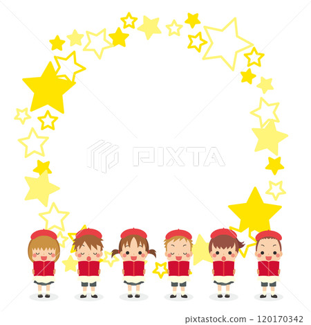 可愛的兒童合唱團唱歌、星框、複製空間、白色背景的插圖 可愛的兒童合唱團唱歌、星框、複製空間、白色背景的插圖 120170342