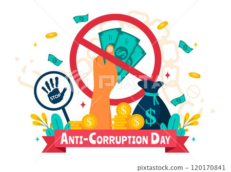 Anti Corruption Day Vector Illustration Featuring a Stop Giving Money Message with Dollar Coins, Prohibition Sign, and Chains in a Flat Background 120170841