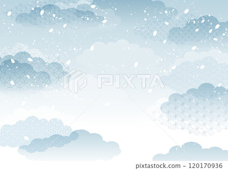 Japanese-style background vector illustration of grayish blue clouds and falling cherry blossoms A4 size landscape 120170936