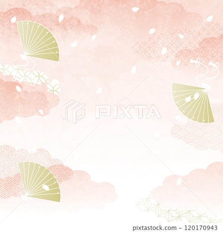 粉紅雲、金扇和飄落的櫻花、方形的日式背景向量圖 120170943