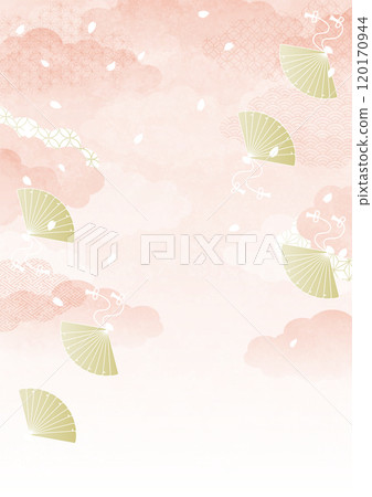 Pink clouds, golden fans, and fluttering cherry blossoms on a Japanese-style background vector illustration A4 portrait Pink clouds, golden fans, and fluttering cherry blossoms on a Japanese-style background vector illustration A4 portrait 120170944