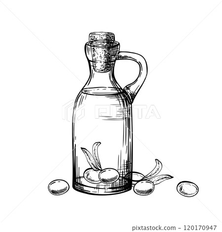 Glass bottle with olive oil. Carafe with a fatty food sauce and olive fruit berries with leaves. Vector ink line art hand drawn illustration. Food arrangement for label, menu isolated from background 120170947