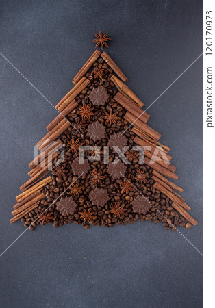 Christmas tree aroma food background. Coffee beans, cinnamon sticks, anise stars and chocolate candies. Christmas tree aroma food background. Coffee beans, cinnamon sticks, anise stars and chocolate candies. 120170973