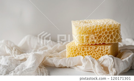 Luffa sponges on white background, minimalistic presentation, eco, zero waste concept 120171301
