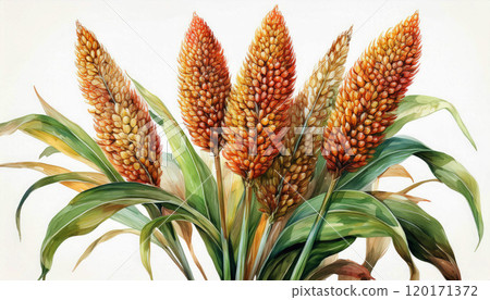 a cluster of millet plants, featuring golden yellow seed heads and lush green leaves, botanical illustration beautifully captures, watercolor painting, agricultural, botanical, education, AI-generated 120171372