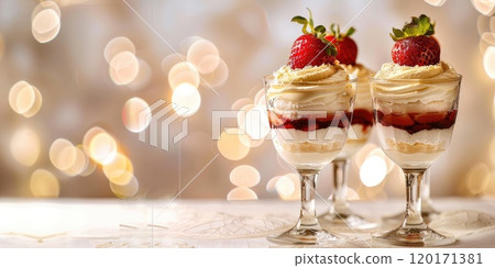 English trifle dessert in elegant glassware, white background, Luxurious presentation with layers of double cream, custard, strawberries, cake slices on the bottom 120171381