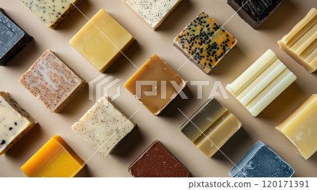 Different Natural soap bars on beige background, flat lay, different shapes and colors, minimalistic presentation 120171391