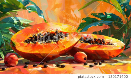 Banner or horizontal poster of Fresh and delicious papaya with cut slices illustration, with leaves painting on vibrant orange background. 120171400