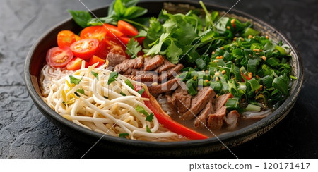 Top view of a colorful plate of Vietnamese pho, with rice noodles, beef slices, bean sprouts, and fresh herbs, on a dark concrete background Top view of a colorful plate of Vietnamese pho, with rice noodles, beef slices, bean sprouts, and fresh herbs, on a dark concrete background 120171417