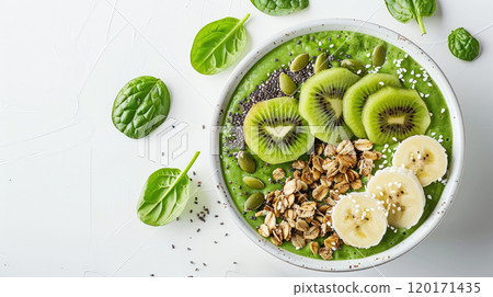 Vibrant green smoothie bowl topped with sliced kiwi, banana, granola, and chia seeds, on a white background. 120171435