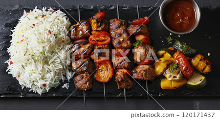 Shish Kebab on a black slate background, Skewered and grilled chunks of marinated meat served with rice and grilled vegetables, Classic Turkish barbecue. 120171437
