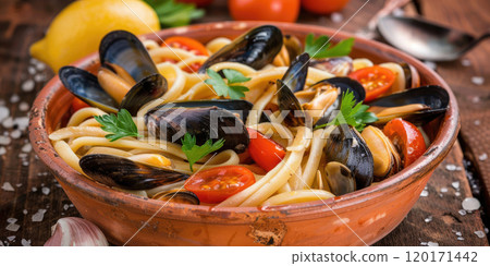 Seafood Linguine served in traditional Italian pottery, Vibrant colors and fresh seafood, Rustic trattoria background. 120171442